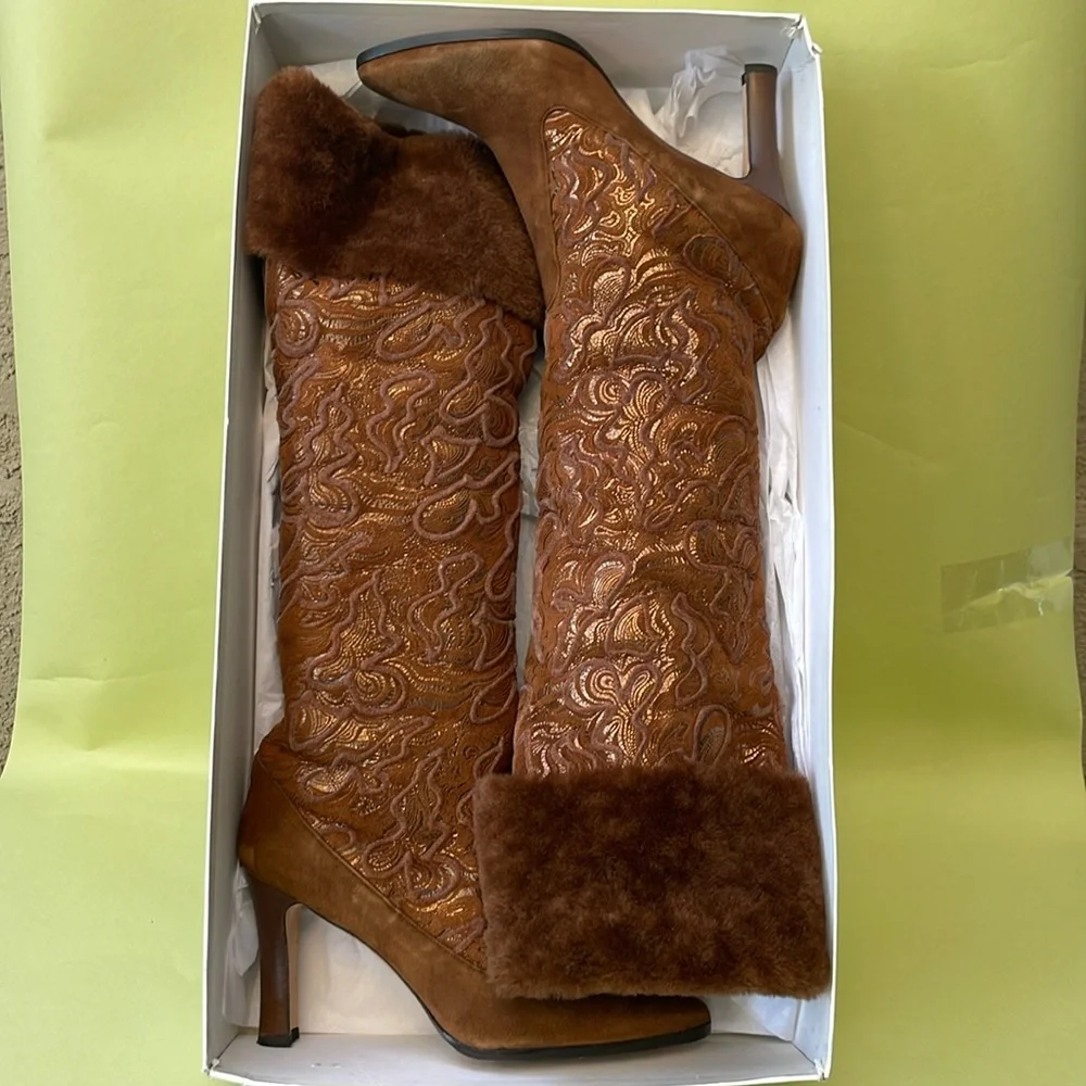 Vintage orange/brown Manolo Blahnik over the knee leather boots in original box